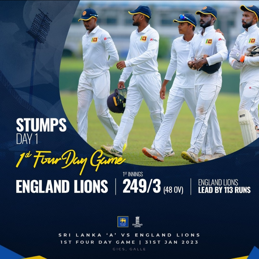 ලයන්ස් පිළ පළමු දිනයේදීම ලකුණු 113 කින් පෙරමුණට -England Lions lead by 113 runs on the first day..