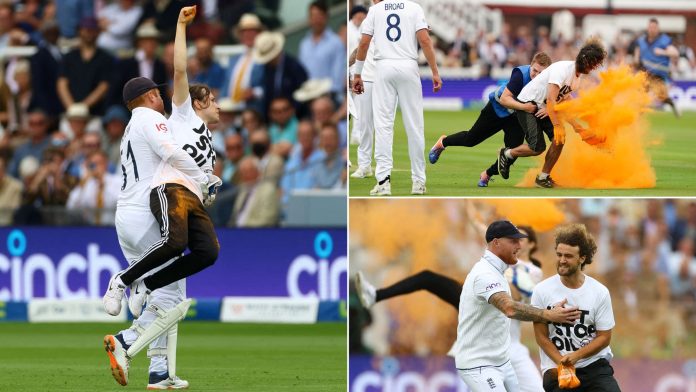 Just Stop Oil ලෝඩ්ස් ක්‍රීඩාංගණයේ පිස්සු නටයි -Just Stop Oil protest disrupts Ashes cricket in lord's ground The Ashes 2023