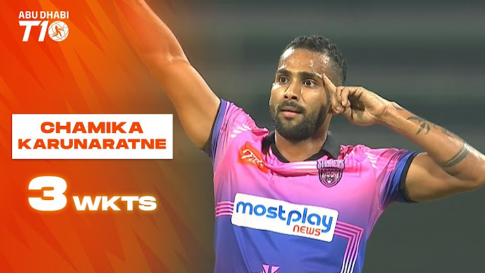 චාමිකගේ පන්දු යැවීම ස්ට්‍රයිකර්ස් දිනවයි – ලකුණු 6යි කඩුළු 3-chamika guided the strikers to victory with the ball Abu dhabi T10 league