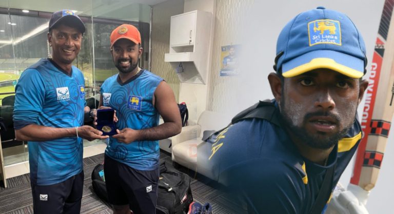 අසලංකට ශ්‍රි ලංකා ක්‍රිකට් වෙතින් තැඹිලි තොප්පියක්. Charith Asalanka was awarded the 'Orange Cap and Coin'